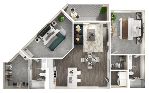 Floor plan for 2 beds, 2 baths, 1031 sqft